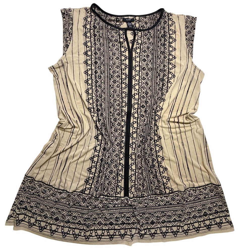 Alfani Woman 3X Tunic Top Tan Black Geometric Print Sleeveless Split Neck Jersey